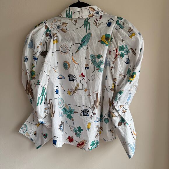 Gracia Whimsical Western Print Blouse White Collared Pleated Balloon Sleeve Sz S - Picture 6 of 6